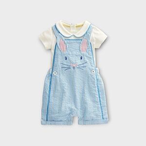 Mini Boden Blue Stripe Bunny Romper & Peter Pan Collar Bodysuit Matching Set